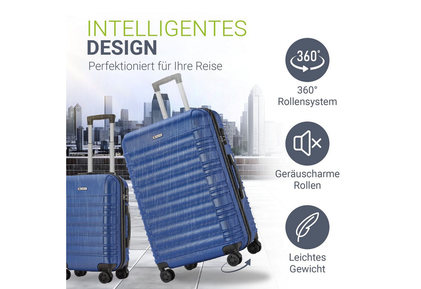 Juskys Trolleyset Rom, 4 Rollen, (4 tlg., 4-teilig), 4 Koffer, 360° Rollen, robuste Hartschale, mit Zahlenschloss – Bild 5 von 5