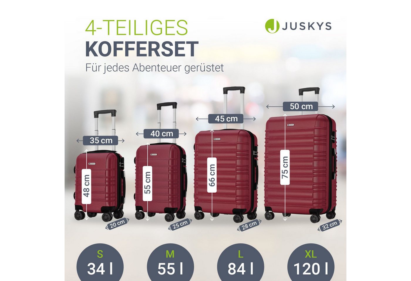 Juskys Trolleyset Rom, 4 Rollen, (4 tlg., 4-teilig), 4 Koffer, 360° Rollen, robuste Hartschale, mit Zahlenschloss – Bild 3 von 5