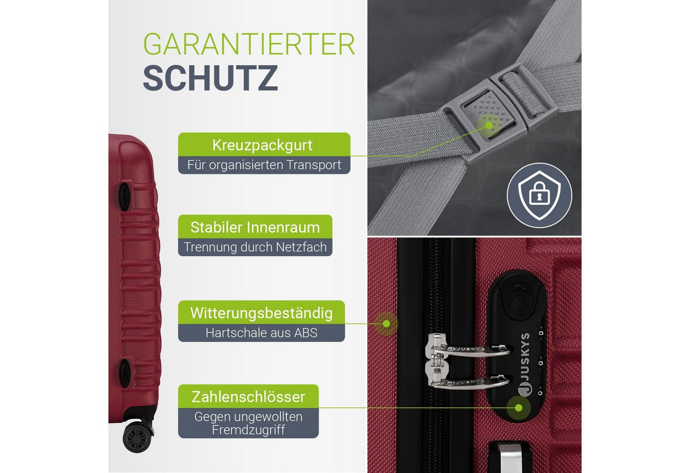Juskys Trolleyset Rom, 4 Rollen, (4 tlg., 4-teilig), 4 Koffer, 360° Rollen, robuste Hartschale, mit Zahlenschloss – Bild 4 von 5