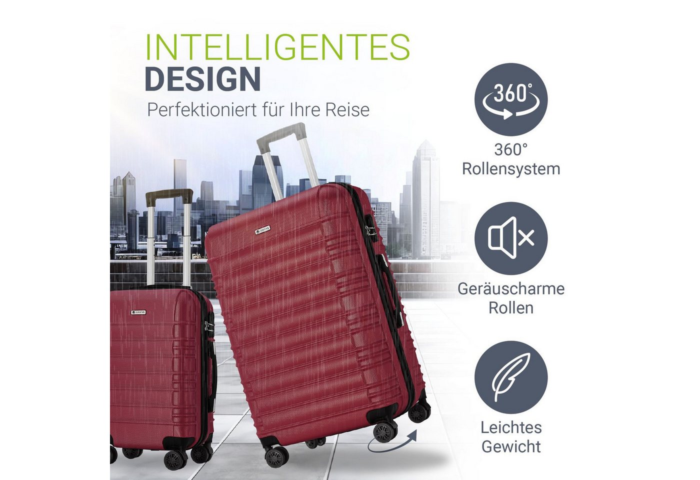Juskys Trolleyset Rom, 4 Rollen, (4 tlg., 4-teilig), 4 Koffer, 360° Rollen, robuste Hartschale, mit Zahlenschloss – Bild 5 von 5
