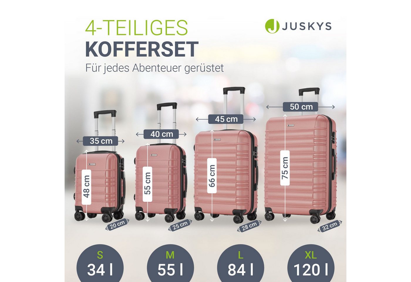 Juskys Trolleyset Rom, 4 Rollen, (4 tlg., 4-teilig), 4 Koffer, 360° Rollen, robuste Hartschale, mit Zahlenschloss – Bild 3 von 5