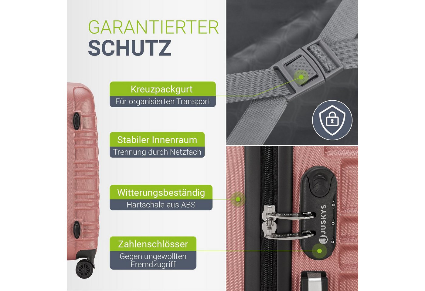Juskys Trolleyset Rom, 4 Rollen, (4 tlg., 4-teilig), 4 Koffer, 360° Rollen, robuste Hartschale, mit Zahlenschloss – Bild 4 von 5