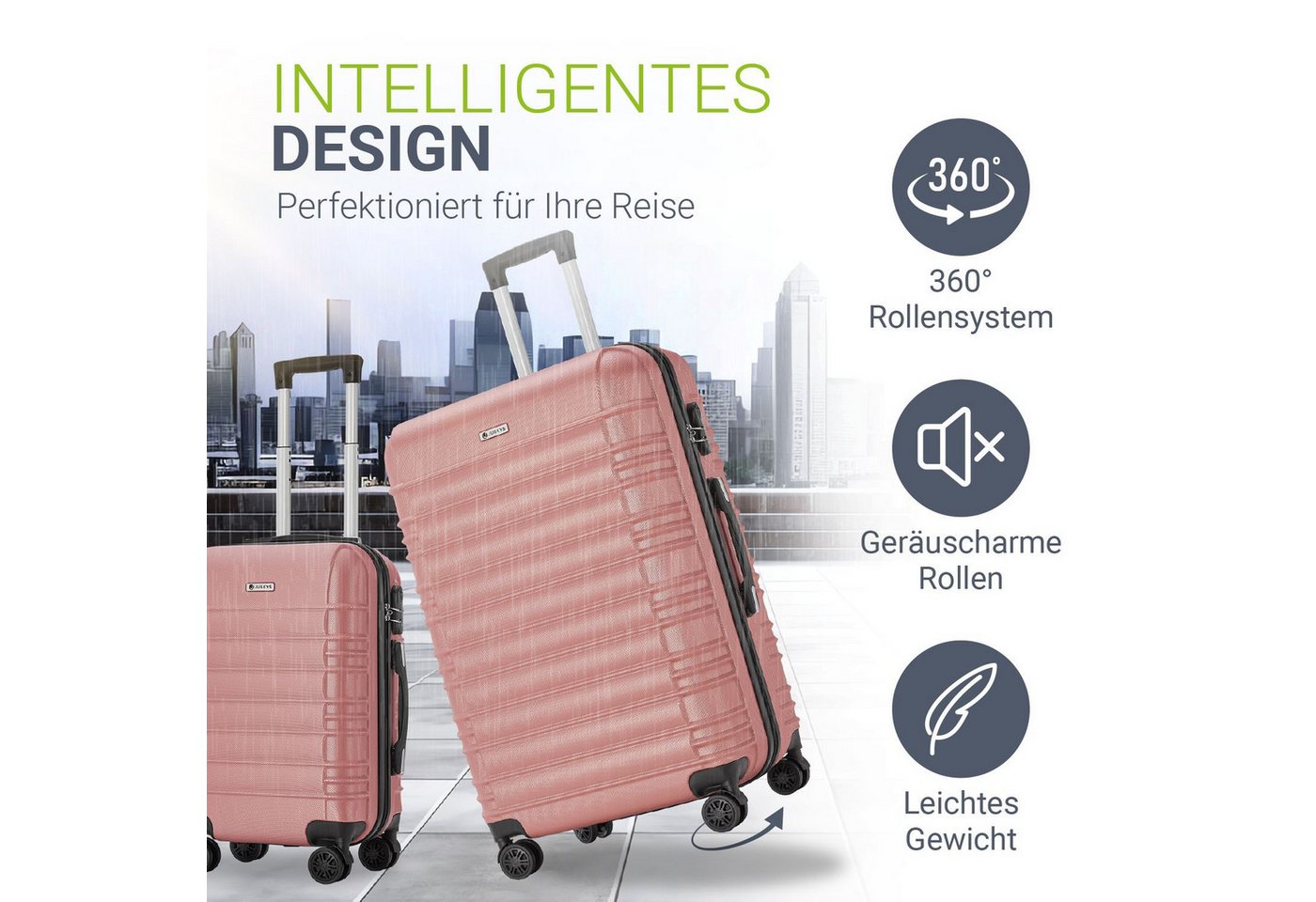 Juskys Trolleyset Rom, 4 Rollen, (4 tlg., 4-teilig), 4 Koffer, 360° Rollen, robuste Hartschale, mit Zahlenschloss – Bild 5 von 5