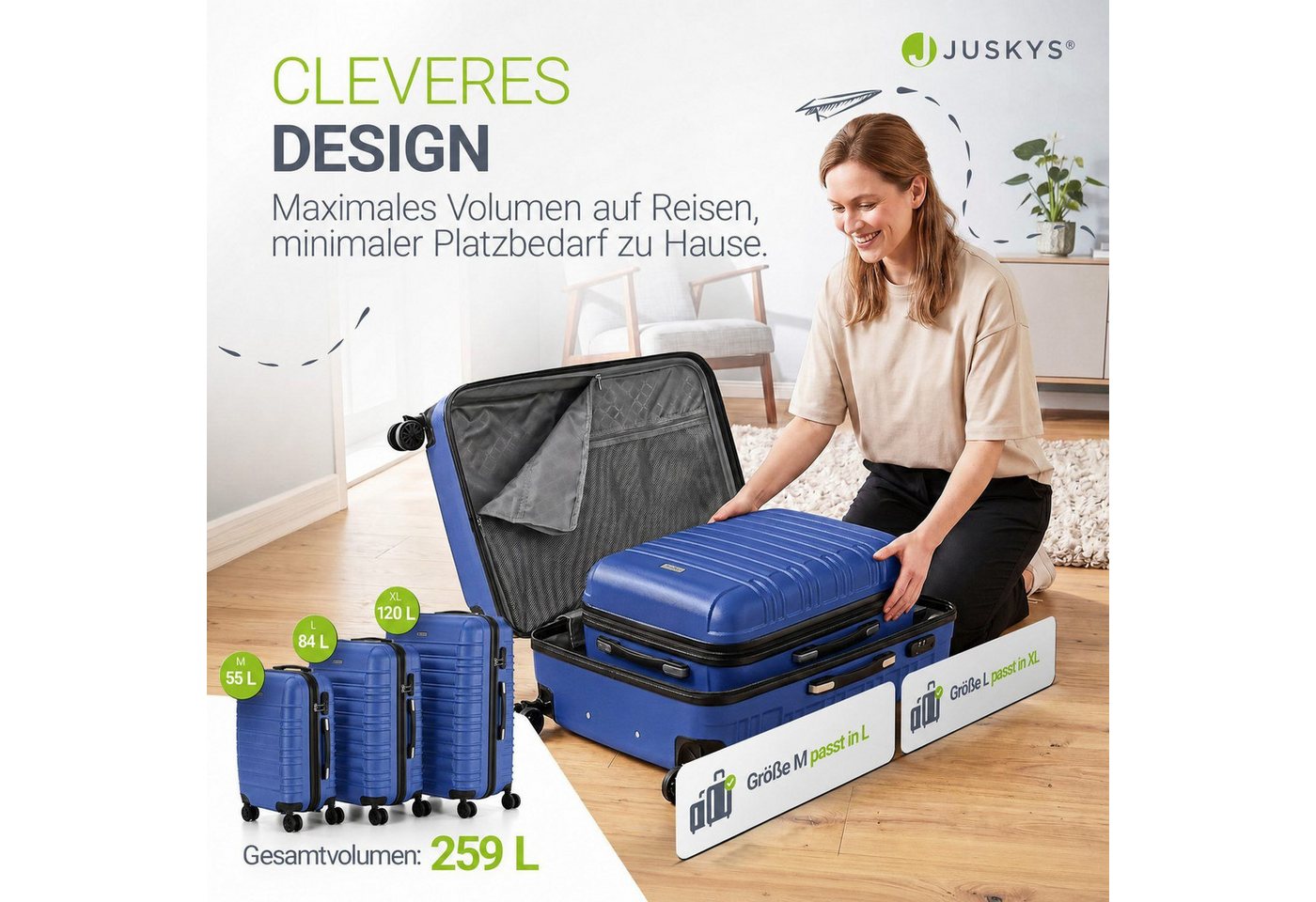 Juskys Trolleyset Rom, 4 Rollen, (3 tlg., 3-teilig), Aluminium, Rollen, Innenfutter, Ergonomische Griffe, 3er Set – Bild 2 von 5