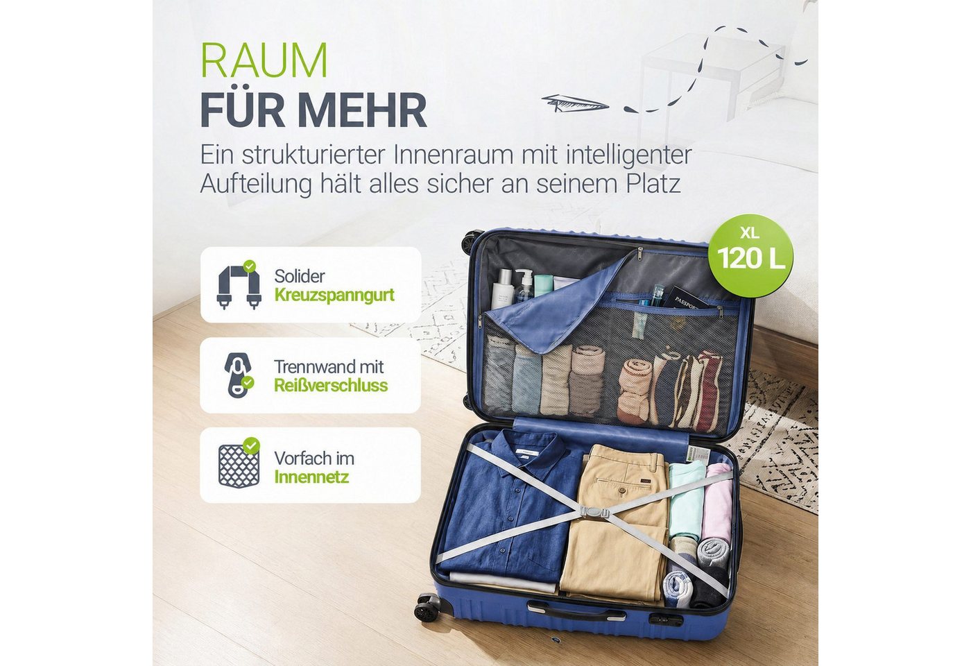 Juskys Trolleyset Rom, 4 Rollen, (3 tlg., 3-teilig), Aluminium, Rollen, Innenfutter, Ergonomische Griffe, 3er Set – Bild 5 von 5