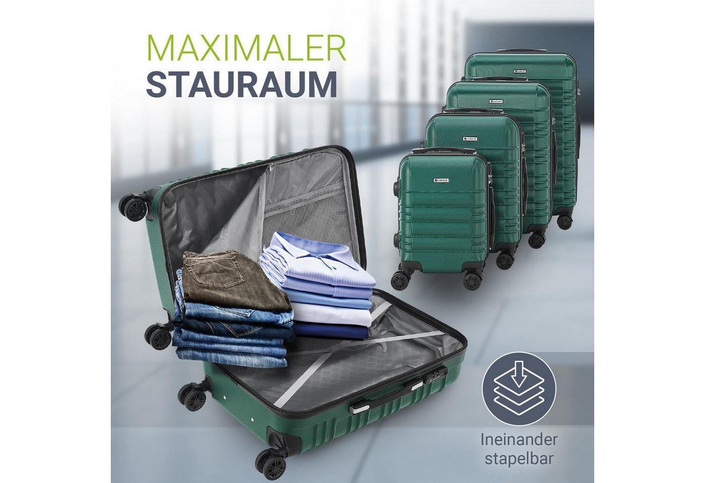 Juskys Trolleyset Rom, 4 Rollen, (4 tlg., 4-teilig), 4 Koffer, 360° Rollen, robuste Hartschale, mit Zahlenschloss – Bild 2 von 5