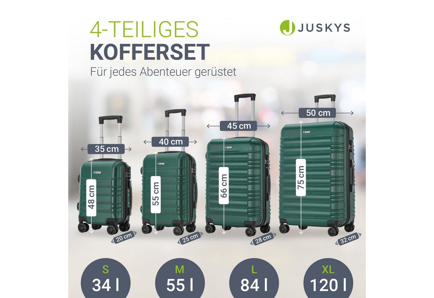 Juskys Trolleyset Rom, 4 Rollen, (4 tlg., 4-teilig), 4 Koffer, 360° Rollen, robuste Hartschale, mit Zahlenschloss – Bild 4 von 5