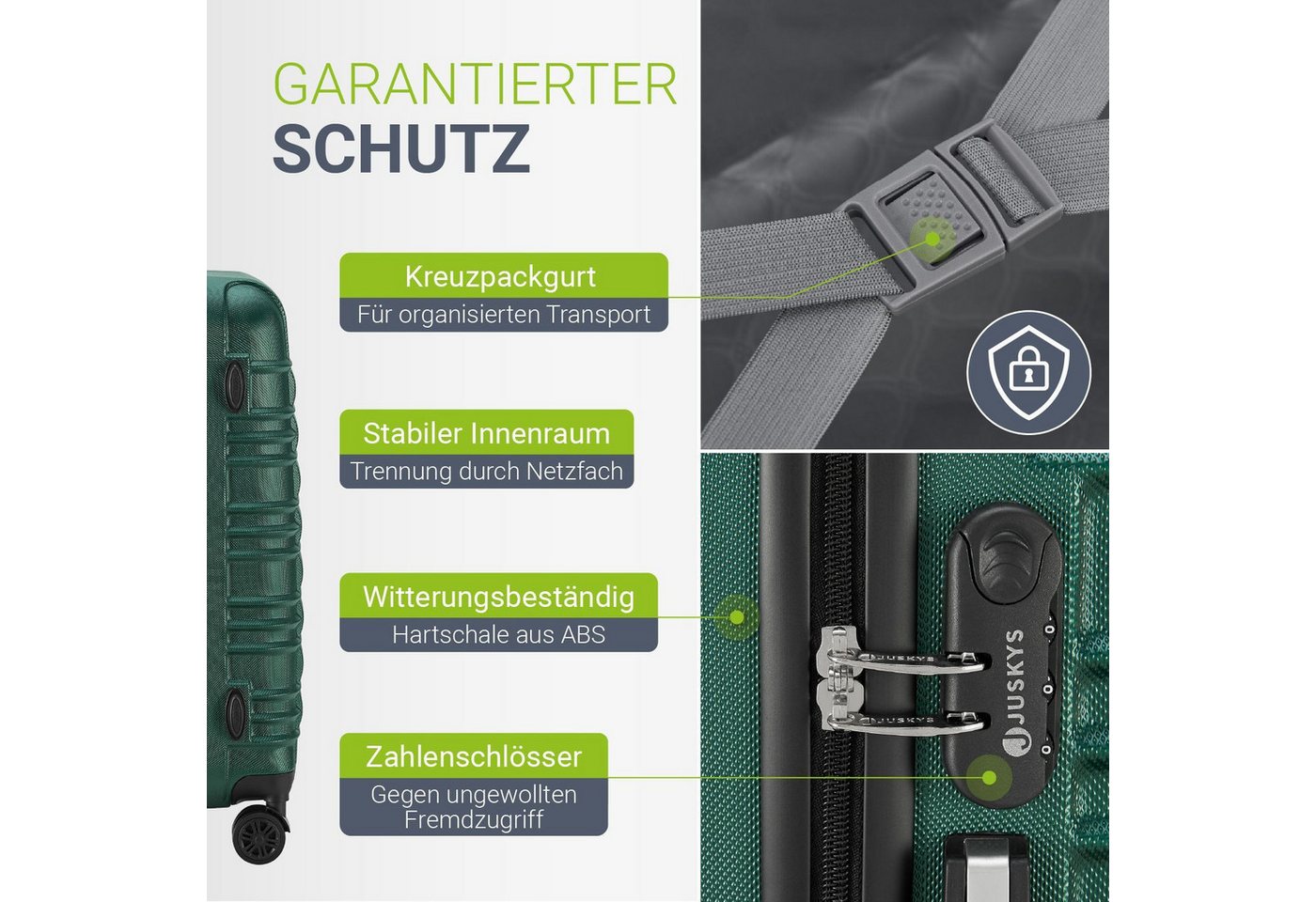 Juskys Trolleyset Rom, 4 Rollen, (4 tlg., 4-teilig), 4 Koffer, 360° Rollen, robuste Hartschale, mit Zahlenschloss – Bild 5 von 5