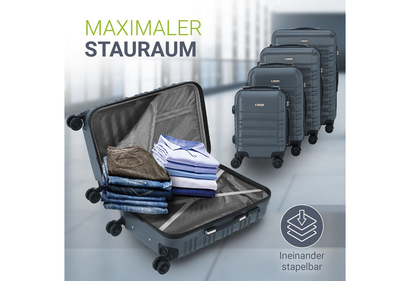 Juskys Trolleyset Rom, 4 Rollen, (4 tlg., 4-teilig), 4 Koffer, 360° Rollen, robuste Hartschale, mit Zahlenschloss – Bild 2 von 5