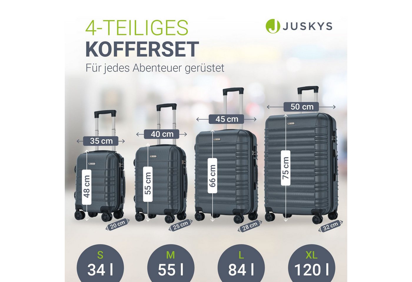 Juskys Trolleyset Rom, 4 Rollen, (4 tlg., 4-teilig), 4 Koffer, 360° Rollen, robuste Hartschale, mit Zahlenschloss – Bild 4 von 5