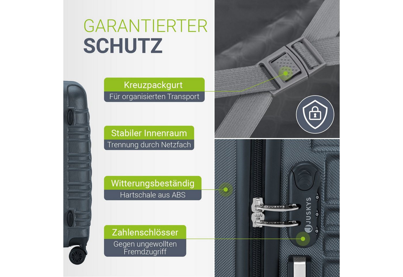 Juskys Trolleyset Rom, 4 Rollen, (4 tlg., 4-teilig), 4 Koffer, 360° Rollen, robuste Hartschale, mit Zahlenschloss – Bild 5 von 5