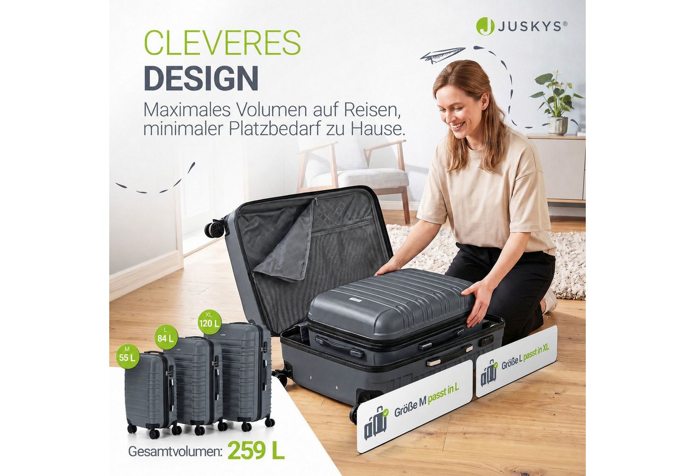 Juskys Trolleyset Rom, 4 Rollen, (3 tlg., 3-teilig), 3 Koffer, 360° Rollen, robuste Hartschale, mit Zahlenschloss – Bild 2 von 5