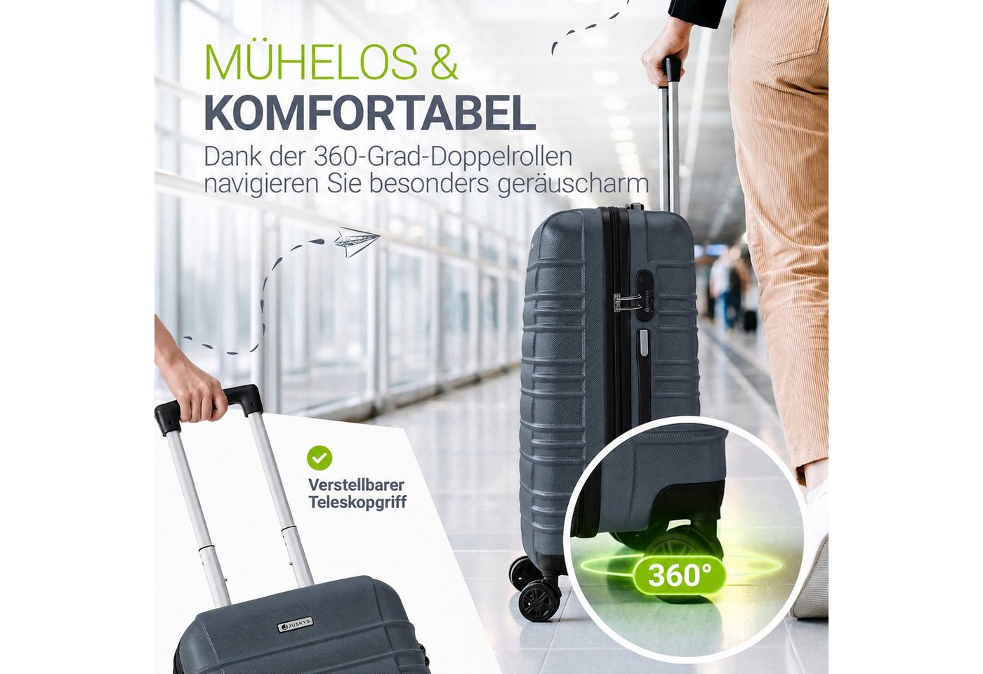Juskys Trolleyset Rom, 4 Rollen, (3 tlg., 3-teilig), 3 Koffer, 360° Rollen, robuste Hartschale, mit Zahlenschloss – Bild 4 von 5