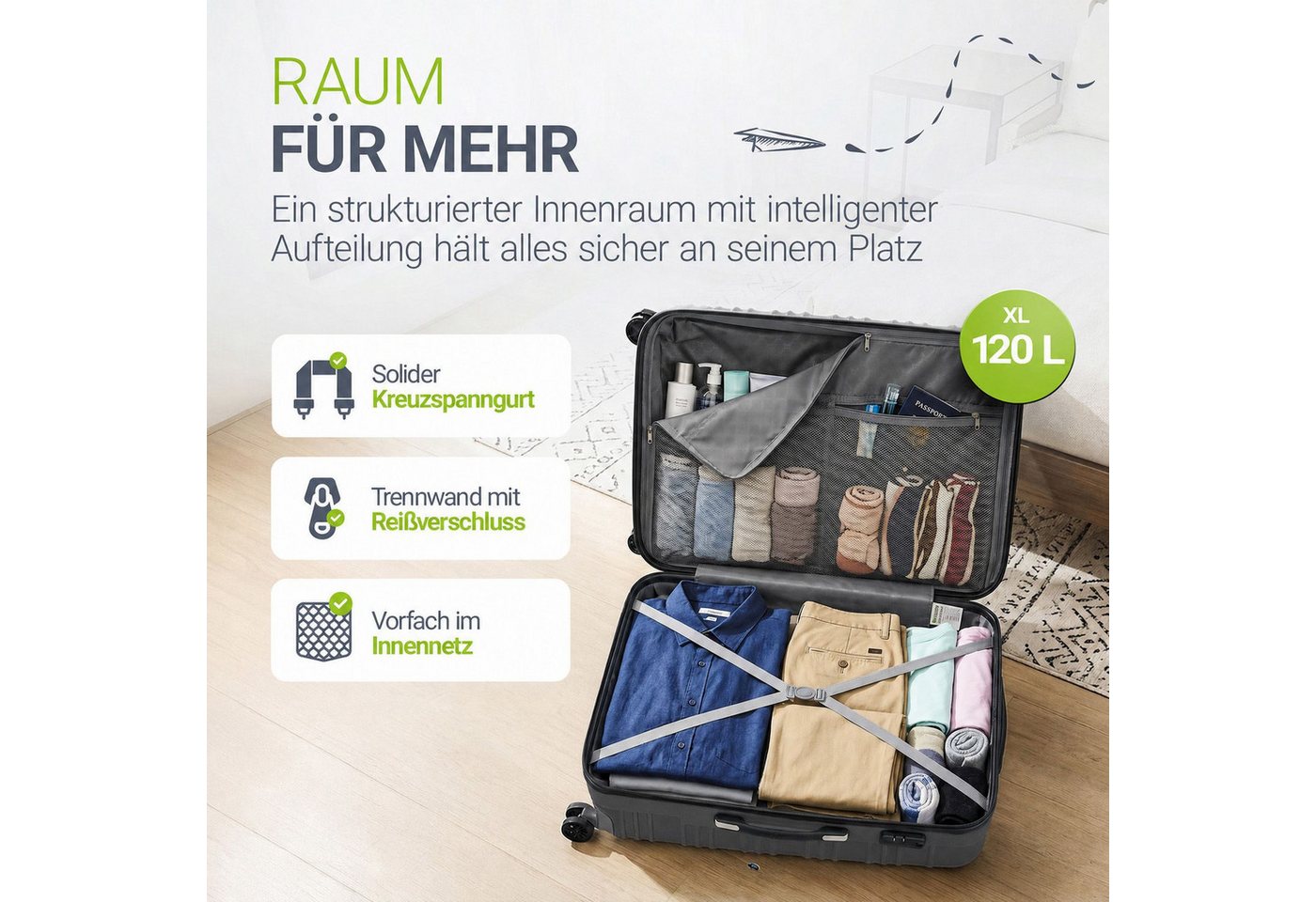 Juskys Trolleyset Rom, 4 Rollen, (3 tlg., 3-teilig), 3 Koffer, 360° Rollen, robuste Hartschale, mit Zahlenschloss – Bild 5 von 5