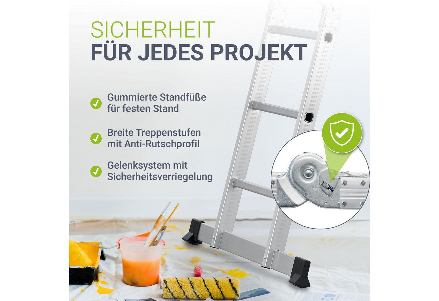 Juskys Vielzweckleiter Multifunktionsleiter, gummierte Standfüße, Gelenksystem, rutschfeste Trittfläche – Bild 3 von 5
