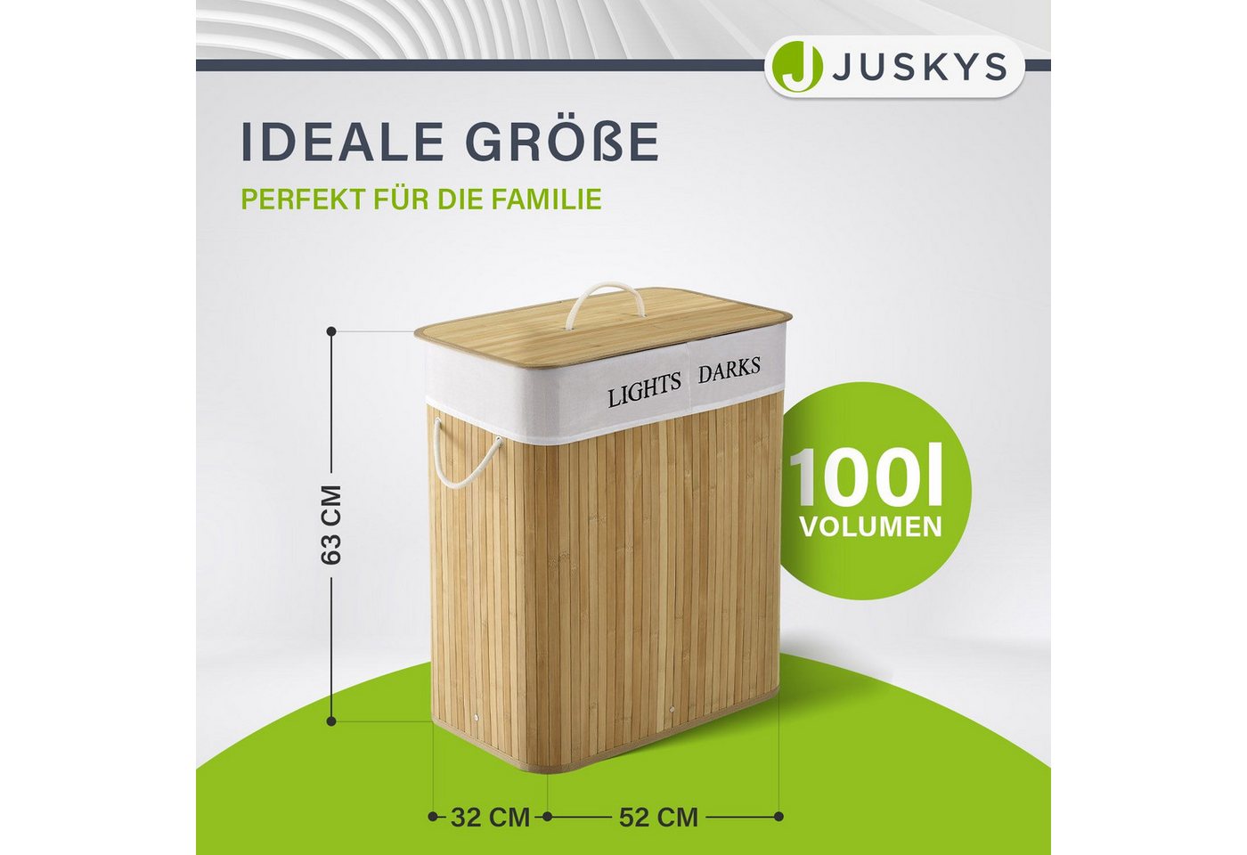 Juskys Wäschekorb Curly 100 L, 100 l, 2 große Fächer, mit Tragegriffe, Deckel, Wäschesack waschbar – Bild 2 von 5
