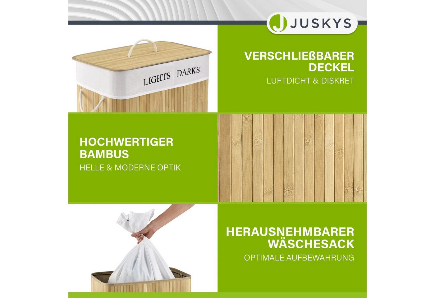 Juskys Wäschekorb Curly 100 L, 100 l, 2 große Fächer, mit Tragegriffe, Deckel, Wäschesack waschbar – Bild 3 von 5