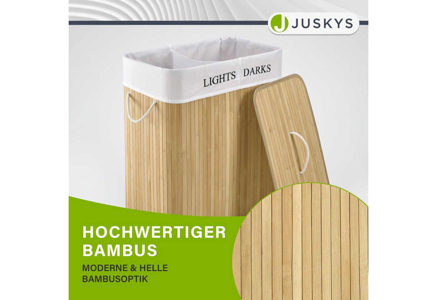 Juskys Wäschekorb Curly 100 L, 100 l, 2 große Fächer, mit Tragegriffe, Deckel, Wäschesack waschbar – Bild 5 von 5