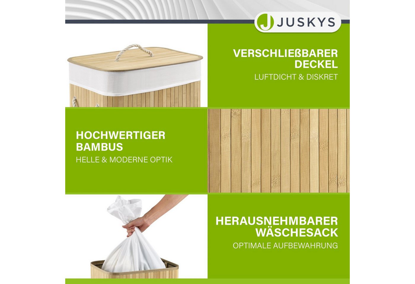 Juskys Wäschekorb Curly, 72 l, mit Tragegriffe, Deckel, Wäschesack waschbar, platzsparend – Bild 3 von 5
