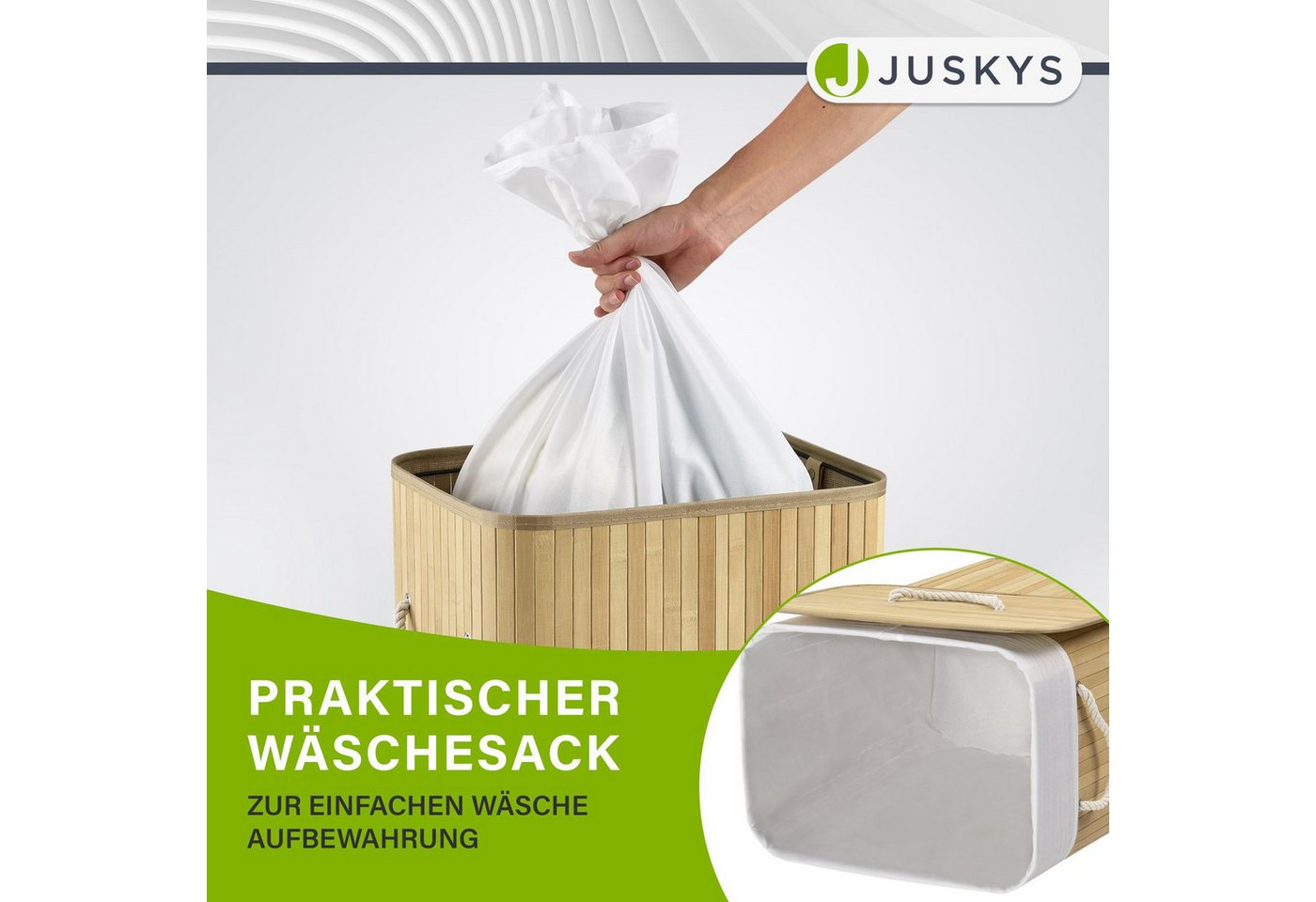 Juskys Wäschekorb Curly, 72 l, mit Tragegriffe, Deckel, Wäschesack waschbar, platzsparend – Bild 4 von 5