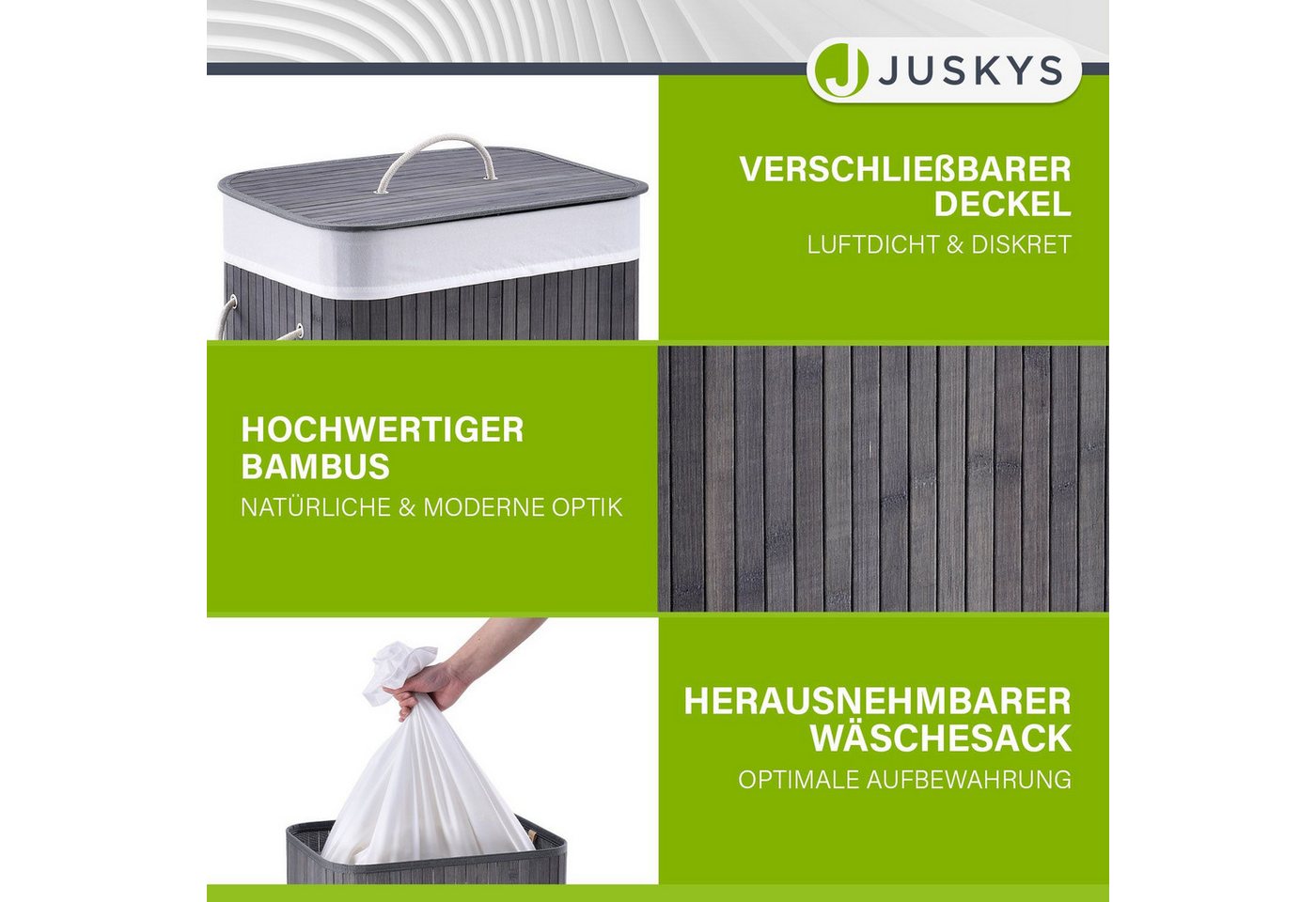 Juskys Wäschekorb Curly 72 L, 72 l, mit Tragegriffe, Deckel, Wäschesack waschbar, platzsparend – Bild 3 von 5