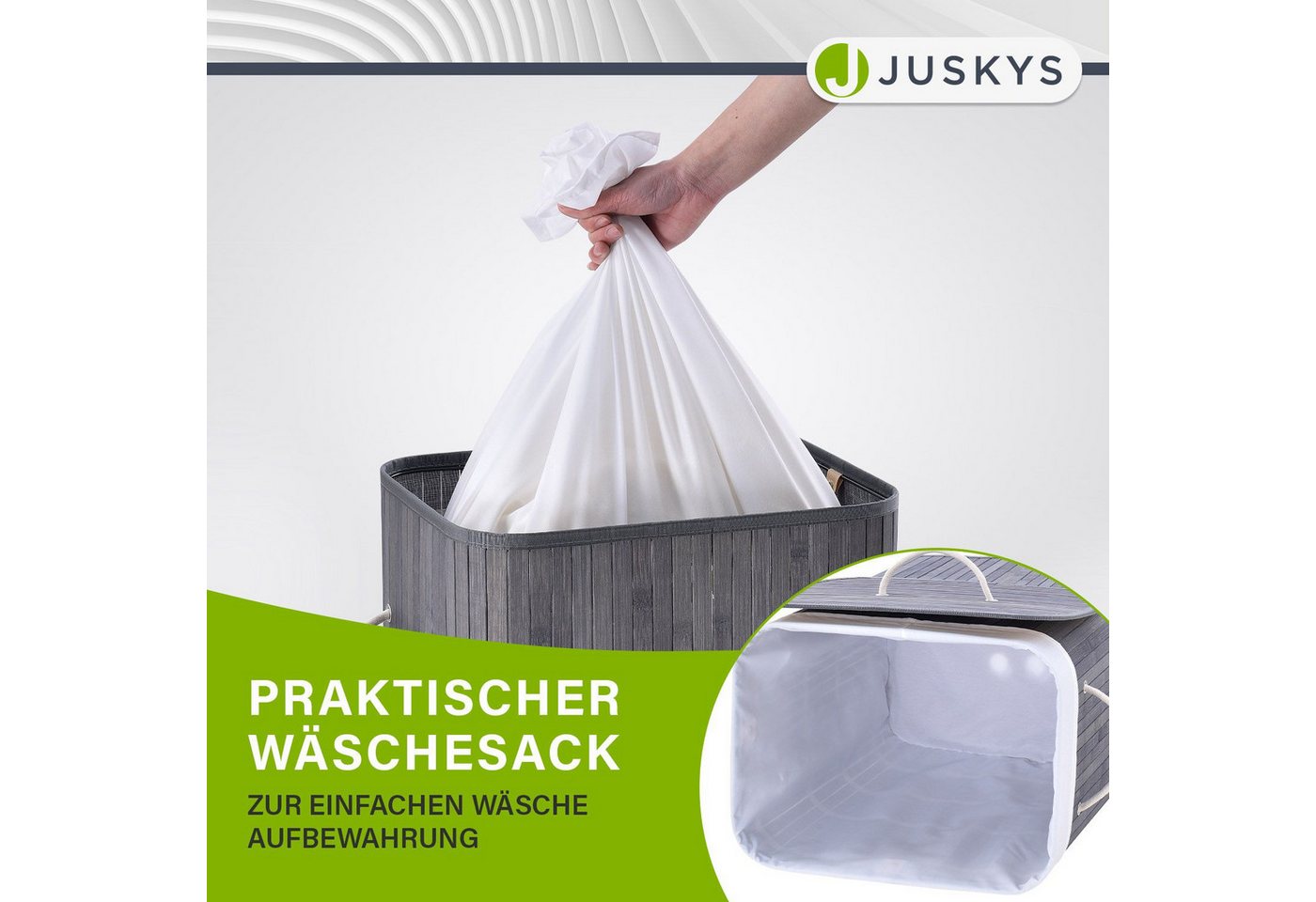 Juskys Wäschekorb Curly 72 L, 72 l, mit Tragegriffe, Deckel, Wäschesack waschbar, platzsparend – Bild 4 von 5