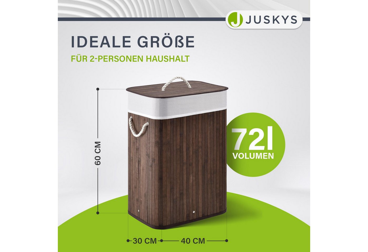 Juskys Wäschekorb Curly 72 L, 72 l, mit Tragegriffe, Deckel, Wäschesack waschbar, platzsparend – Bild 2 von 5