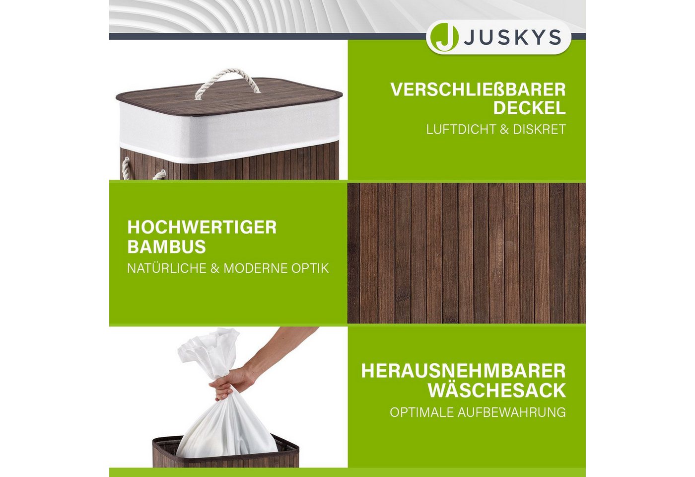 Juskys Wäschekorb Curly 72 L, 72 l, mit Tragegriffe, Deckel, Wäschesack waschbar, platzsparend – Bild 3 von 5