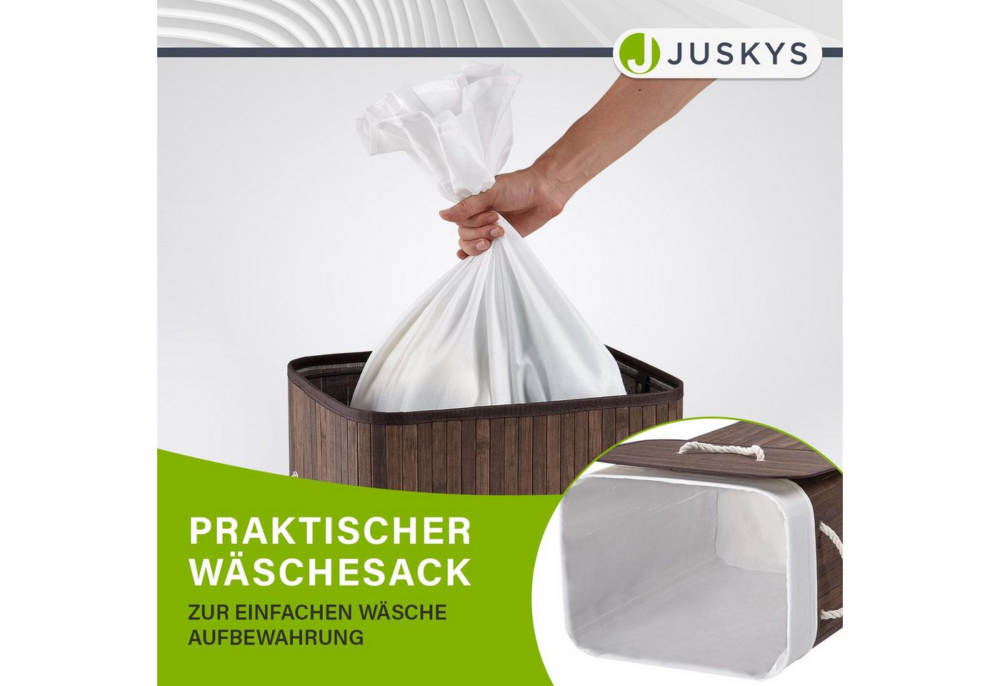 Juskys Wäschekorb Curly 72 L, 72 l, mit Tragegriffe, Deckel, Wäschesack waschbar, platzsparend – Bild 4 von 5