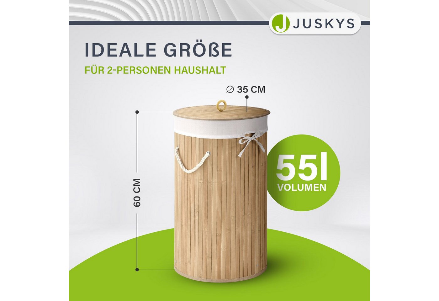 Juskys Wäschekorb Curly-Round, 55 l, mit Tragegriffe, Deckel, Wäschesack waschbar, platzsparend – Bild 2 von 5