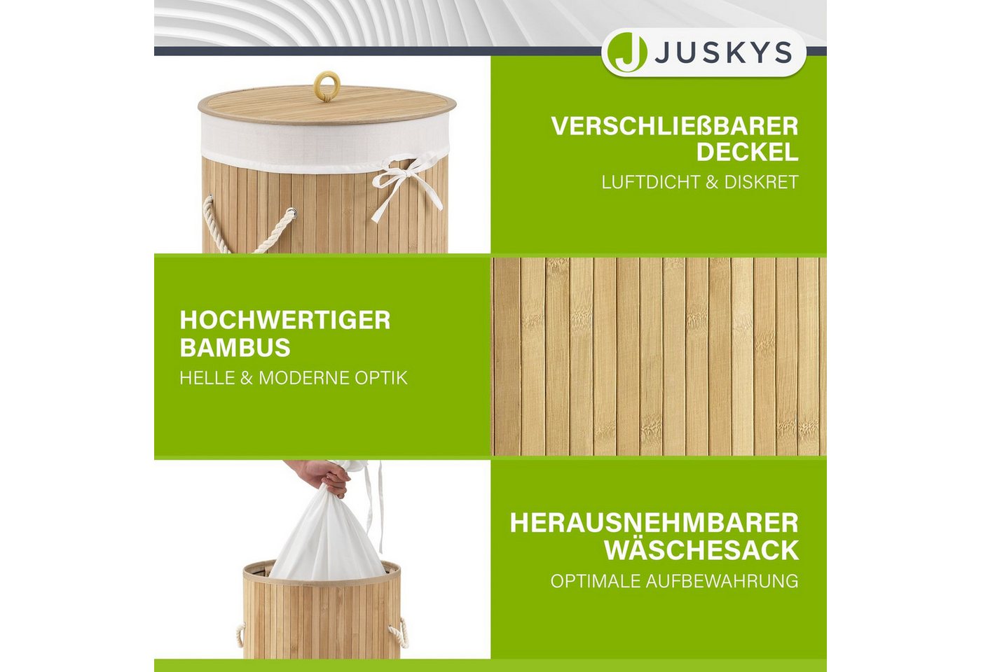 Juskys Wäschekorb Curly-Round, 55 l, mit Tragegriffe, Deckel, Wäschesack waschbar, platzsparend – Bild 3 von 5