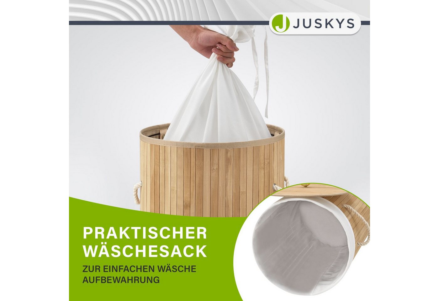 Juskys Wäschekorb Curly-Round, 55 l, mit Tragegriffe, Deckel, Wäschesack waschbar, platzsparend – Bild 4 von 5