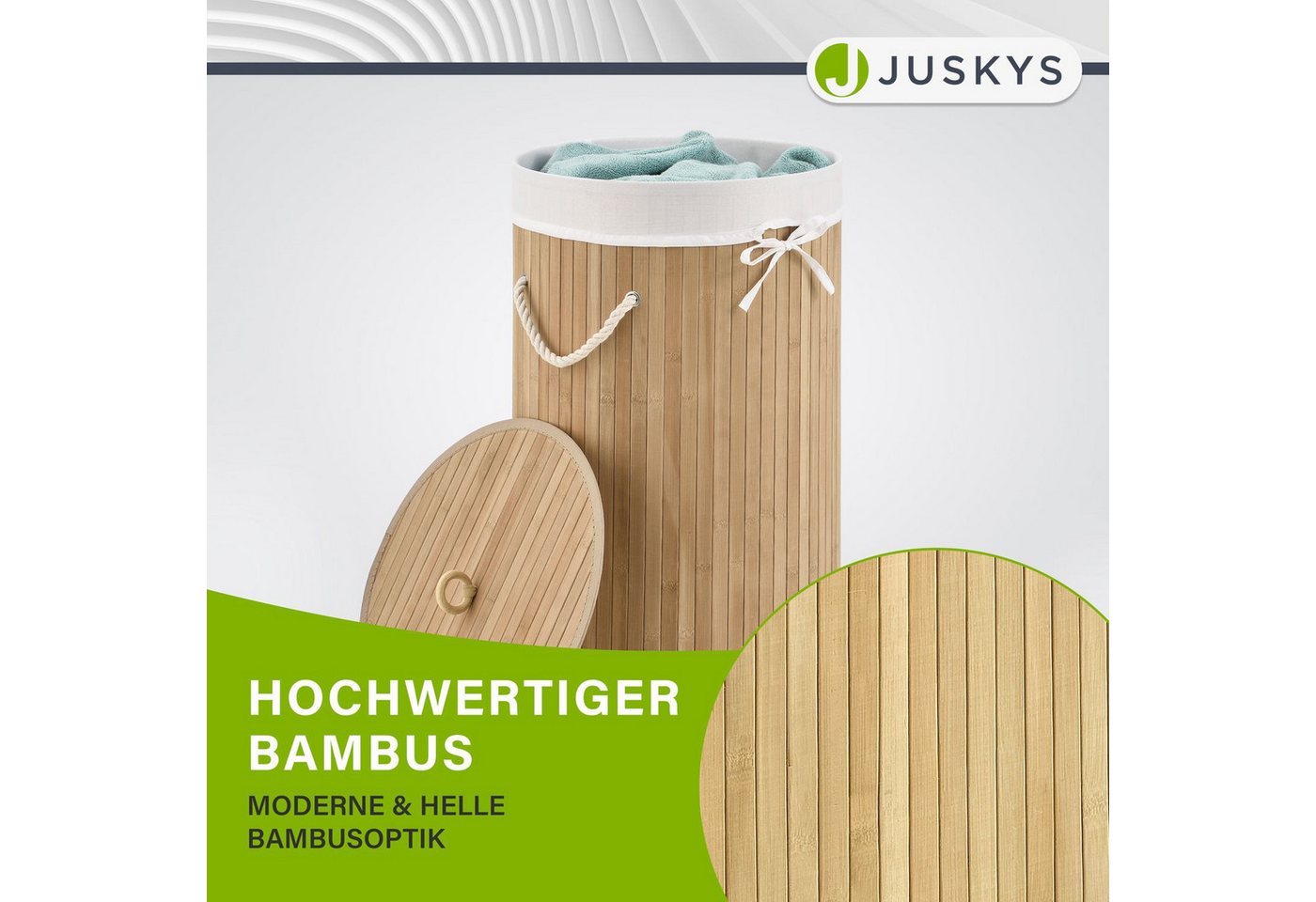 Juskys Wäschekorb Curly-Round, 55 l, mit Tragegriffe, Deckel, Wäschesack waschbar, platzsparend – Bild 5 von 5