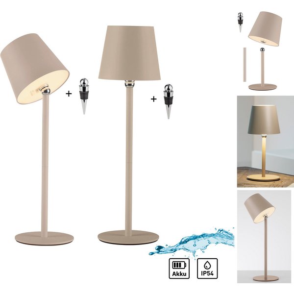 JUST LIGHT LED Tischleuchte BOTERIA - Set 2 Stück, inkl. Flaschenaufsatz, Memoryfunktion, LED fest integriert, Warmweiß, Akkubetrieben, aufladbar, magnetisch, d