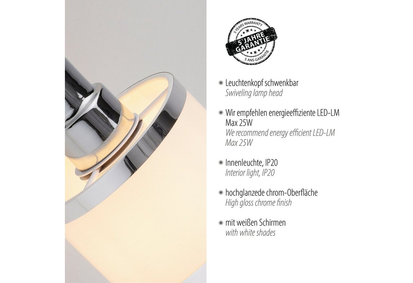 JUST LIGHT Wandleuchte ACCOR, ohne Leuchtmittel, Exklusive E14, Schalter, Kippschalter, Schalter – Bild 4 von 5