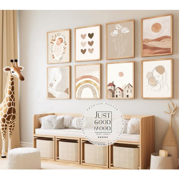 JUSTGOODMOOD Poster Boho Babyzimmer Regenbogen Herzen Blumen Sonne Häuser MutterKind Scand, (1 St)