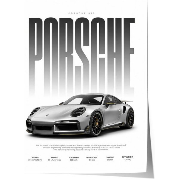 JUSTGOODMOOD Poster Silberner Sportwagen Geschenkidee Luxus Coup Wandbild Deko Print ohne, (1 St)