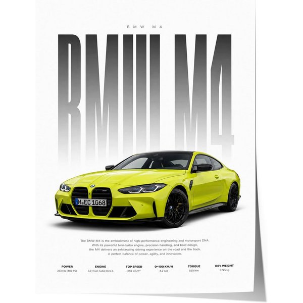 JUSTGOODMOOD Poster Sportwagen Gelb Geschenkidee Performance Coup Wandbild Deko Print ohne, (1 St)