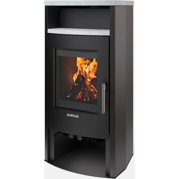 JUSTUS Kaminofen Lara, mit massivem Top- & Teefachstein, Lieferung bis ins Wohnzimmer, 6,5 kW, Zeitbrand, schau das Video