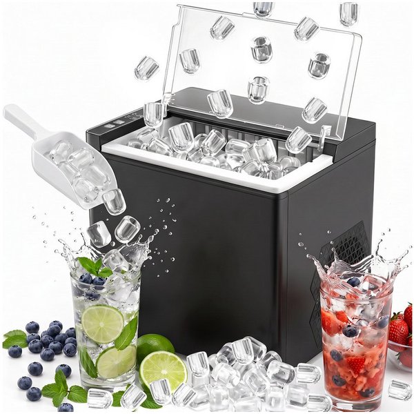JVJH Eiswürfelmaschine Ice Cube Maker,9 Eiswürfel in 6 Min,Ice maker Klein,12 kg/24 h, Selbstreinigend & Leise,Transparenter Deckel,1.5 L Wassertank
