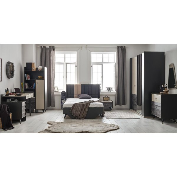 JVmoebel Jugendzimmer-Set Elegantes graues Schlafzimmer-Set aus Holz und Glas für Jugendliche, (7-tlg., Bett, Nachttisch, Kleiderschrank, Kommode, Schreibtisch,