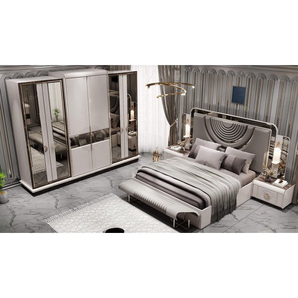 JVmoebel Schlafzimmer-Set Luxus Schlafzimmer-Set mit Polsterbett, Kleiderschrank & Sitzbank, (5-tlg)