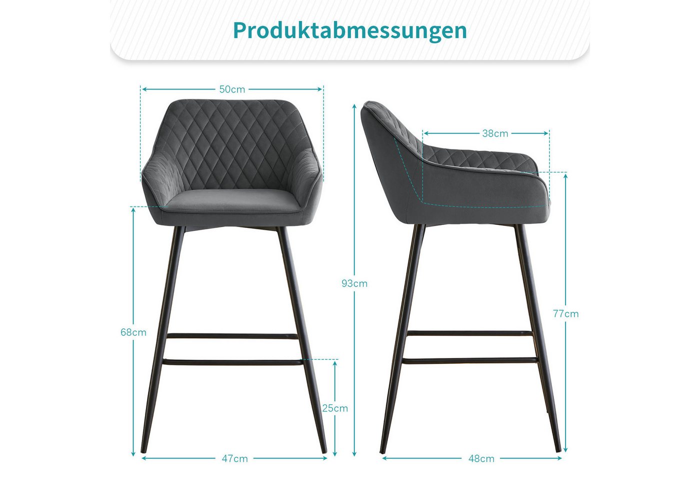 JYMTOM Barhocker Kunstleder Barhocker, 2er-Set, Barstühle mit gepolsterter Sitz, Rücken-/Armlehnen und Metallbeinen für Küche,Bar,Esszimmer.(2,grau) – Bild 2 von 5