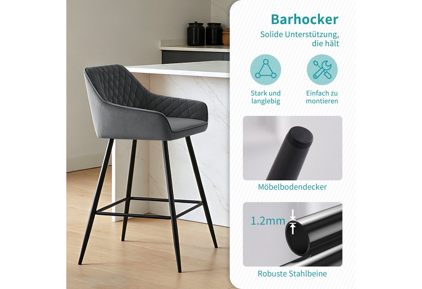 JYMTOM Barhocker Kunstleder Barhocker, 2er-Set, Barstühle mit gepolsterter Sitz, Rücken-/Armlehnen und Metallbeinen für Küche,Bar,Esszimmer.(2,grau) – Bild 4 von 5