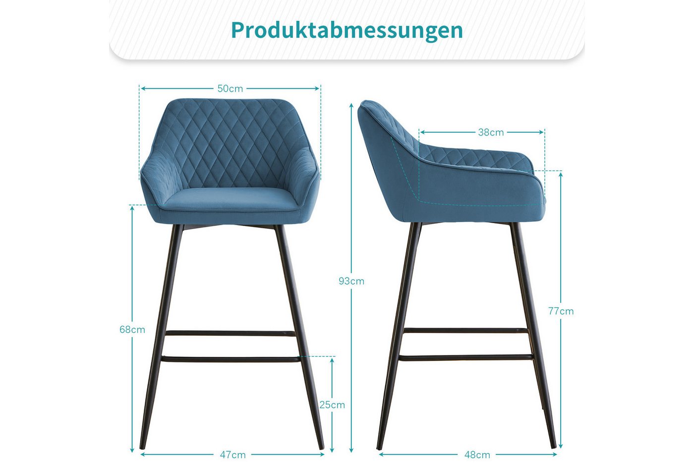 JYMTOM Barhocker Kunstleder Barhocker, 2er-Set, Barstühle mit gepolsterter Sitz, Rücken-/Armlehnen und Metallbeinen für Küche,und Esszimmer.(2,Teal) – Bild 2 von 5