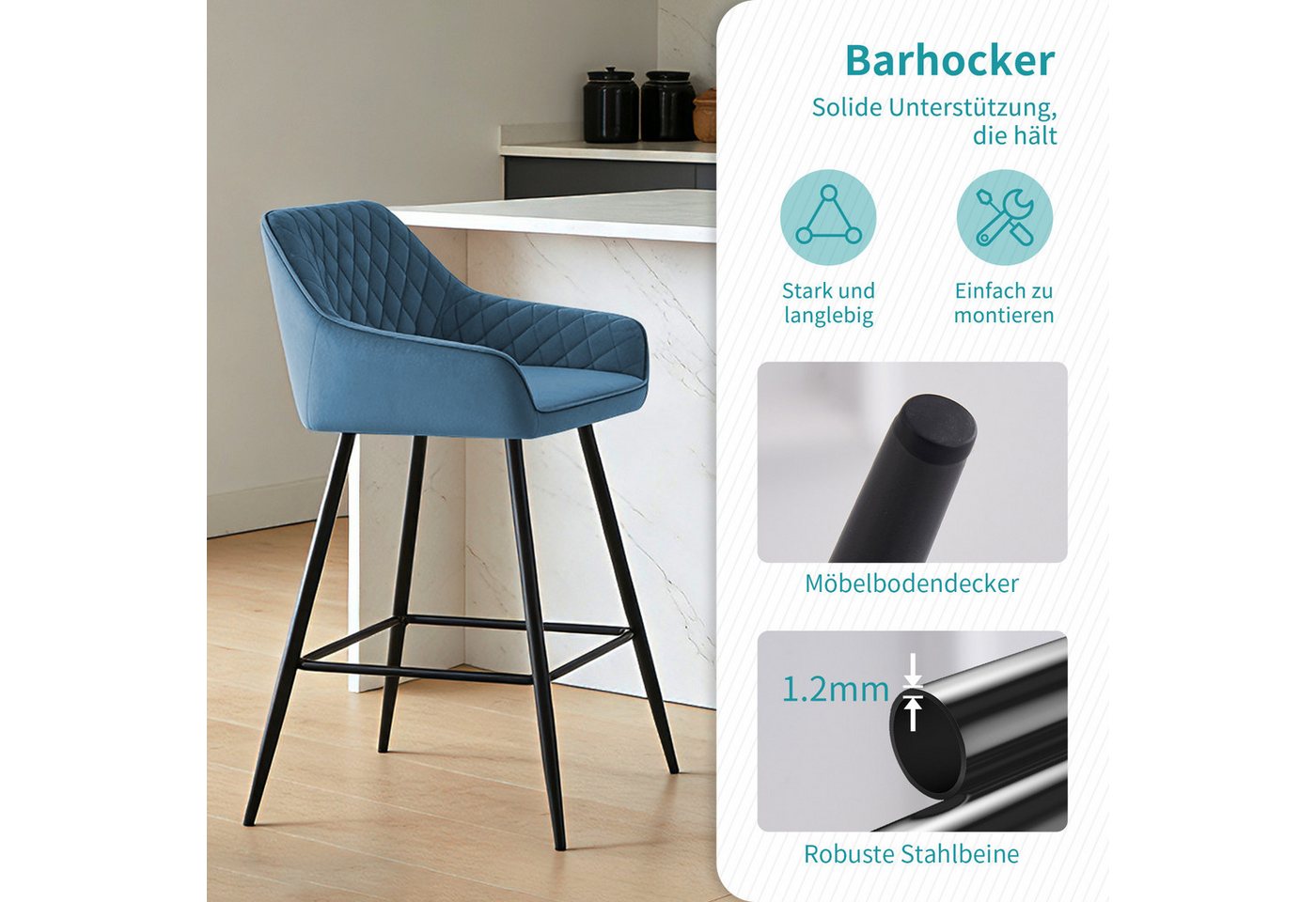 JYMTOM Barhocker Kunstleder Barhocker, 2er-Set, Barstühle mit gepolsterter Sitz, Rücken-/Armlehnen und Metallbeinen für Küche,und Esszimmer.(2,Teal) – Bild 4 von 5