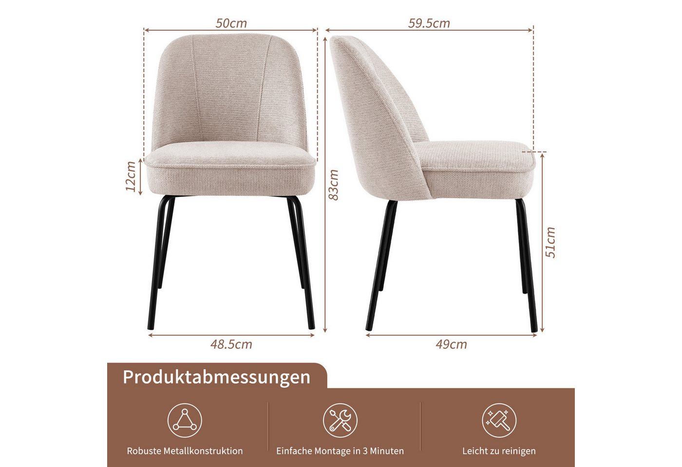 JYMTOM Esszimmerstuhl Samt-Stühle, atmungsaktiv, gepolstert mit Federkissen & Metallbeinen (4 St), 4 Stück– mit gebogener Rückenlehne für Küche, Esszimmer & Bür – Bild 2 von 5