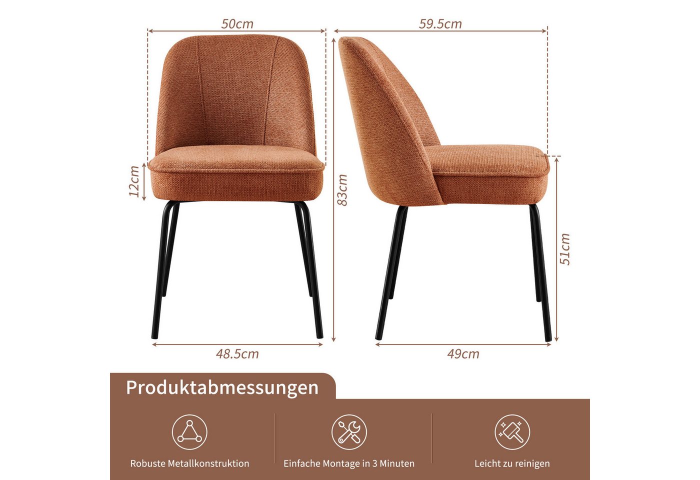 JYMTOM Esszimmerstuhl Samt-Stühle, atmungsaktiv, gepolstert mit Federkissen & Metallbeinen (2 St), 2 Stück– mit gebogener Rückenlehne für Küche, Esszimmer & Bür – Bild 2 von 5