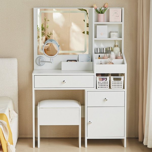 JYMTOM Schminktisch mit LED Beleuchtung Spiegel, Verstellbarer Helligkeit, 130x87x36 cm (mit Hocker), Kosmetiktisch mit 2 Schubladen, Frisiertisch mit drehbarem