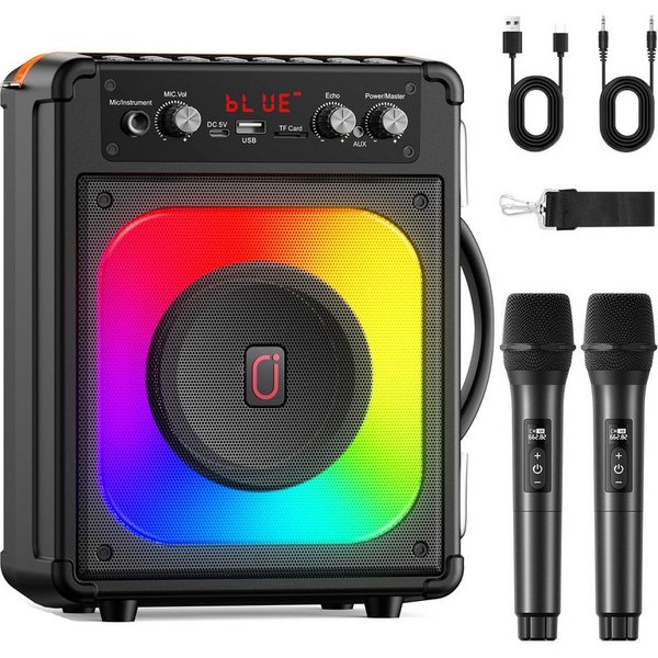 JYX Tragbare Karaoke Anlage mit 2 kabellosen Mikrofonen Bluetooth-Lautsprecher (Bluetooth, mit TWS Stereo, LED Lichteffekten (ohne Tablet)